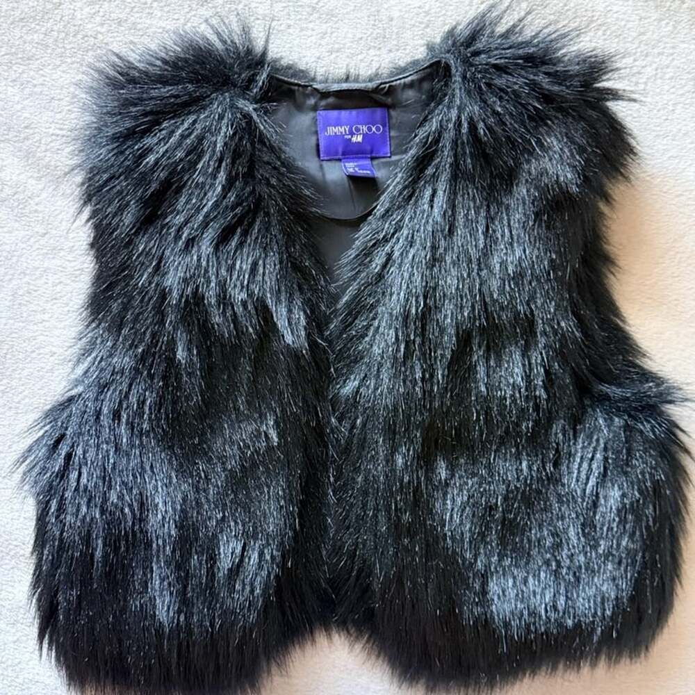 Jimmy Choo for H&M Faux Fur Vest Black Gray Shag Cropped Women's US 6 EUR 36